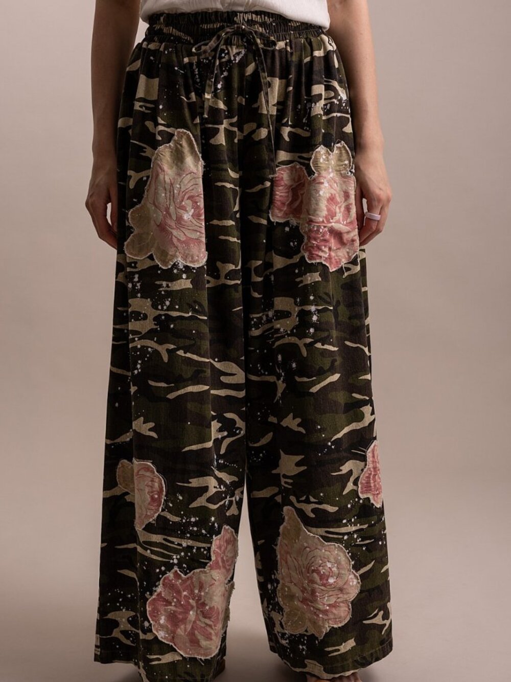 Cottagecore Rose Appliqué Camo Pants | Distressed Paint Splatter